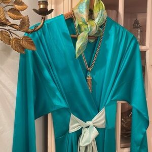 Vintage teal green long sleeved floor length night gown with mint green tie